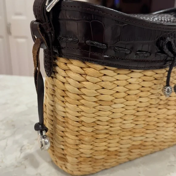BRIGHTON Wicker Straw Purse Shoulder Bag Dark Brown Croc Leather Trim - Picture 3 of 11